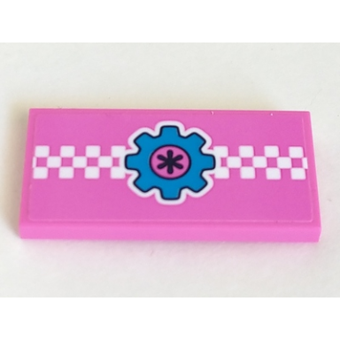 dark pink tile 2 x 4 with white checkered stripe and dark azure gear on dark pink background pattern sticker - set 41348