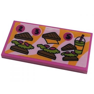 dark pink tile 2 x 4 with menu with black number 2 3 and 5 sandwiches and smoothie on bright light orange and bright pink background pattern sticker - set 41444