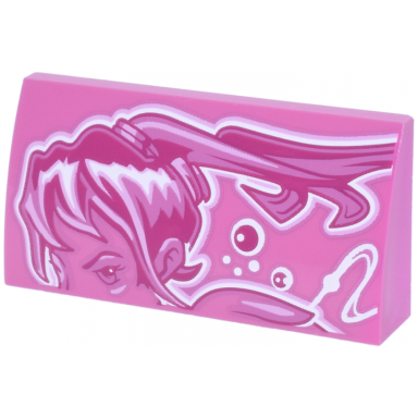 dark pink slope curved 2 x 4 x 2 3 with bottom tubes with white magenta and bright pink female upper face hair curved lines and dots pattern model left side