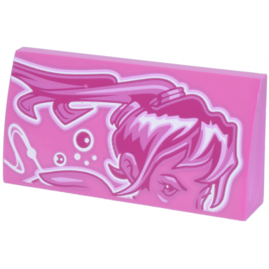 dark pink slope curved 2 x 4 x 2 3 with bottom tubes with white magenta and bright pink female upper face hair curved lines and dots pattern model right side