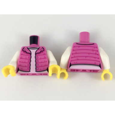 dark pink torso female puffy coat open with magenta gathers and silver buttons over white shirt with light bluish gray collar pattern white arms yellow hands