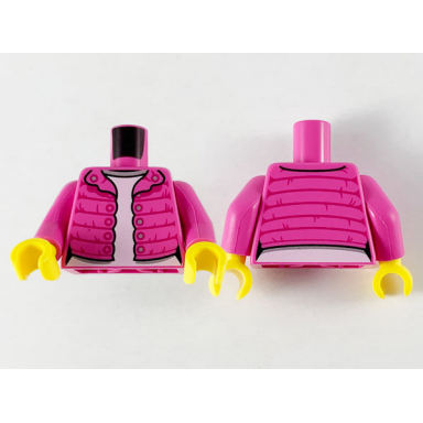 dark pink torso female puffy coat open with magenta gathers and silver buttons over white shirt with light bluish gray collar pattern dark pink arms yellow hands