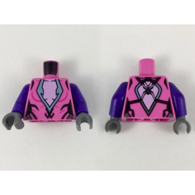 dark pink torso female bright pink chest with silver and black trim pattern dark purple arms dark bluish gray hands