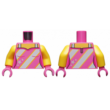 dark pink torso female tank top light bluish gray straps and 3 diagonal stripes silver stars pattern yellow arms dark pink hands