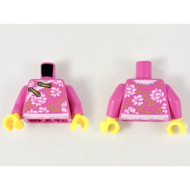 dark pink torso qipao with white flowers and hems gold clasps and leaves pattern dark pink arms yellow hands