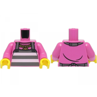 dark pink torso shirt and dark bluish gray apron with white prison stripes gold necklace with medallion pattern dark pink arms yellow hands
