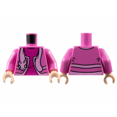 dark pink torso jacket with bright pink hems and cat stole magenta shirt pattern dark pink arms light nougat hands