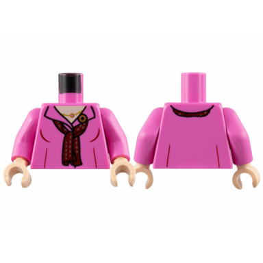 dark pink torso shirt open collar light nougat neck gold necklace and flower pin dark red scarf pattern dark pink arms light nougat hands