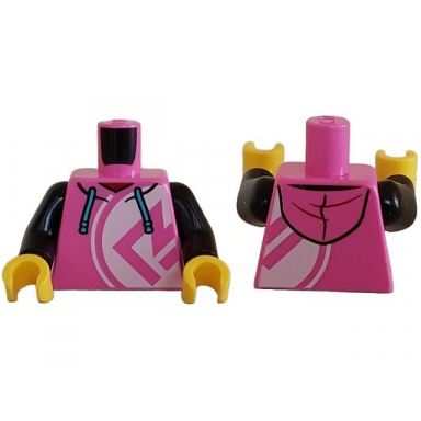 dark pink torso hoodie with medium azure drawstrings and white circle with dark pink symbol pattern black arms yellow hands