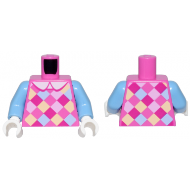 dark pink torso dress with white collar and magenta bright pink bright light blue and bright light yellow checkered pattern medium blue arms white hands