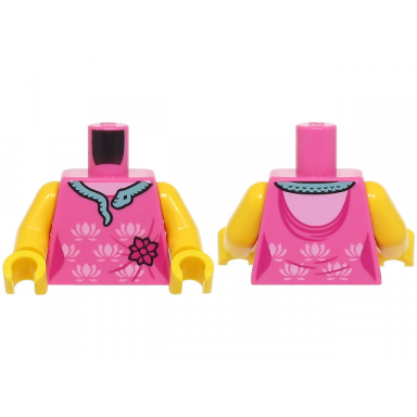 dark pink torso female dress with magenta and bright pink flowers metallic light blue snake collar pattern bam yellow arms yellow hands