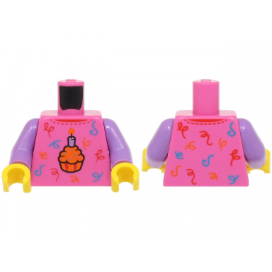 dark pink torso shirt with birthday cupcake with medium lavender candle red orange and dark azure scrolls pattern bam medium lavender arms yellow hands