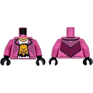 dark pink torso jacket open white v-neck shirt with bright light orange lion head medium tan neck magenta fringe on back pattern dark pink arms black hands