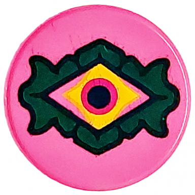 dark pink tile round 1 x 1 with black yellow and dark green diamond shaped demon eye pattern