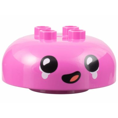 dark pink duplo brick round 4 x 4 dome top with 2 x 2 studs with black eyes and mouth coral tongue white tears pattern