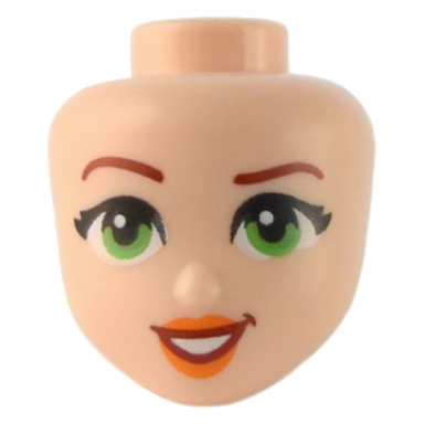 mini doll head friends with dark red eyebrows right raised bright green eyes orange lips and open mouth smile with teeth pattern