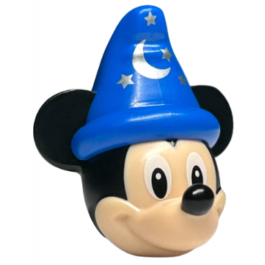 minifigure head modified mouse with molded black ears and blue wizard hat and printed nose white eyes and silver moon and stars pattern mickey