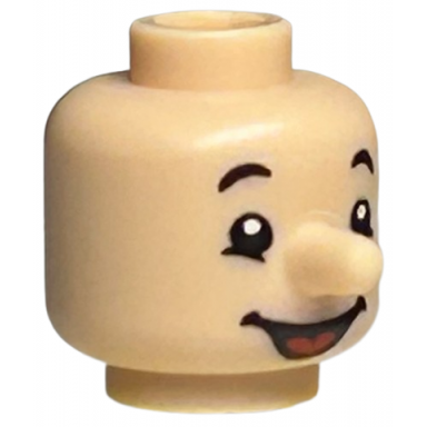 light nougat minifigure head modified with nose with black eyebrows and smile with tongue pattern