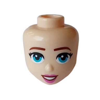 light nougat mini doll head friends with reddish brown eyebrows medium azure eyes dark pink lips with reddish brown lines open mouth smile with teeth pattern