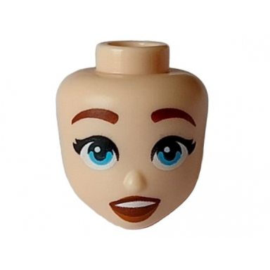 light nougat mini doll head friends with reddish brown eyebrows medium azure eyes reddish brown and dark orange lips open mouth smile pattern