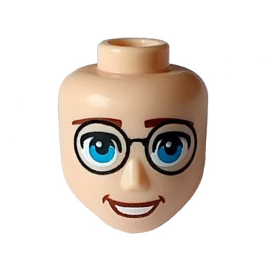 light nougat mini doll head friends male large with reddish brown eyebrows dark azure eyes black glasses open mouth smile with teeth pattern