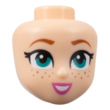 light nougat mini doll head friends with dark orange eyebrows and freckles dark turquoise eyes dark pink lips open mouth smile with teeth pattern