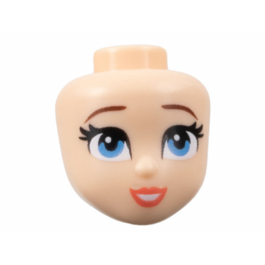 light nougat mini doll head friends with reddish brown eyebrows medium blue eyes coral lips open mouth smile pattern