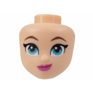 light nougat mini doll head friends with reddish brown eyebrows medium azure eyes dark pink lips lopsided grin pattern