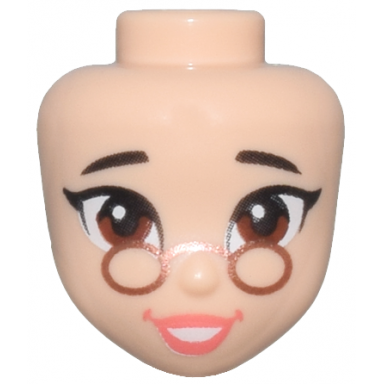 light nougat mini doll head friends with dark brown eyebrows reddish brown eyes copper glasses coral lips open mouth smile with teeth pattern