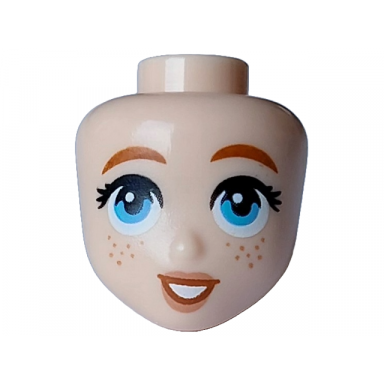 light nougat mini doll head friends with dark orange eyebrows dark azure eyes nougat freckles and lips and open mouth smile with white teeth pattern