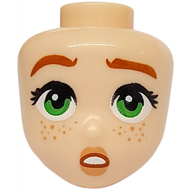 light nougat mini doll head friends with dark orange eyebrows green eyes nougat lips and freckles and small surprised open mouth with teeth pattern