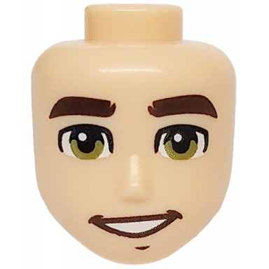 light nougat mini doll head friends male large with thick dark brown eyebrows olive green eyes and open mouth smile with teeth pattern