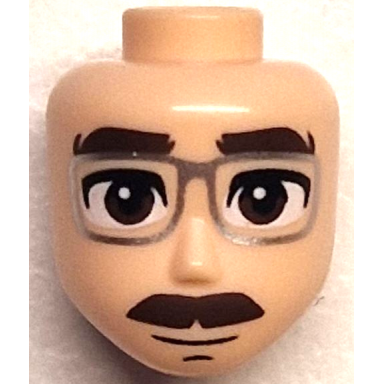 light nougat mini doll head friends male large with dark brown thick eyebrows moustache and eyes black chin dimple silver glasses grin pattern