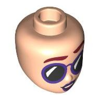 light nougat mini doll head friends with dark red eyebrows dark purple lips and sunglasses with black lenses open mouth smile with top teeth pattern