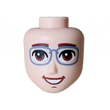 light nougat mini doll head friends male large with reddish brown eyes eyebrows and chin dimple open mouth smile with white teeth and sand blue glasses pattern