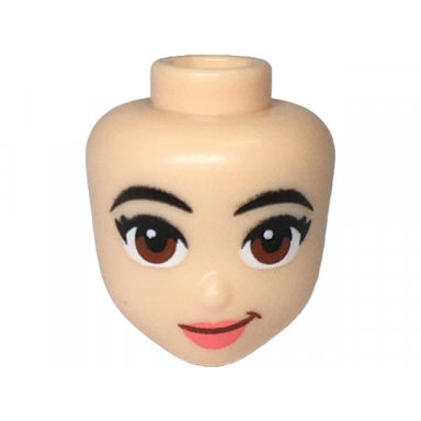 light nougat mini doll head friends with black eyebrows reddish brown eyes coral lips and smirk pattern