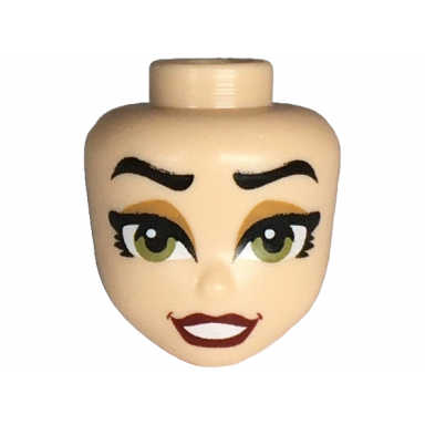 light nougat mini doll head friends with black thick eyebrows and eyelashes medium nougat eye shadow olive green eyes dark red lips and open mouth smile with teeth pattern