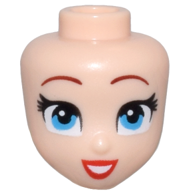 light nougat mini doll head friends with dark red thin eyebrows dark azure eyes red lips and open mouth smile with teeth pattern