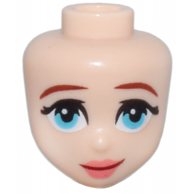 light nougat mini doll head friends with thin dark red eyebrows medium azure eyes full coral lips and closed mouth smile pattern