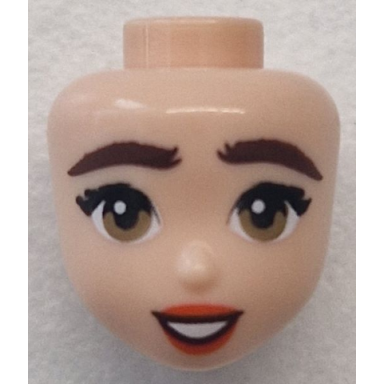 light nougat mini doll head friends with dark brown bushy eyebrows black eyelashes dark tan eyes reddish orange lips open mouth smile with teeth pattern