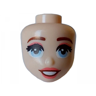 light nougat mini doll head friends with reddish brown eyebrows black eyelashes bright light blue eyes coral lips and eye shadow open mouth smile with white teeth pattern