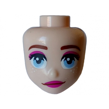 light nougat mini doll head friends with reddisch brown eyebrows black eyelashes bright light blue eyes magenta lips and eye shadow closed mouth smile white sparkles pattern
