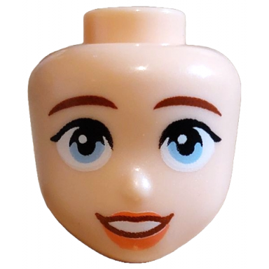 light nougat mini doll head friends with reddish brown eyebrows black eyelashes bright light blue eyes coral lips open mouth smile with teeth pattern