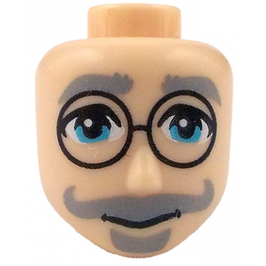 light nougat mini doll head friends male large with light bluish gray bushy eyebrows curled moustache and goatee medium azure eyes black round glasses grin pattern