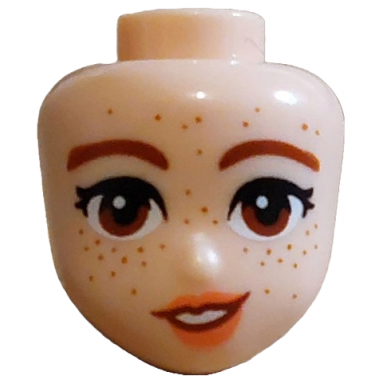 light nougat mini doll head friends with reddish brown eyebrows and eyes black eyelashes coral lips dark orange freckles lopsided open mouth smile with teeth pattern