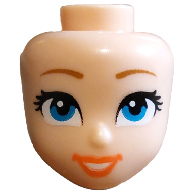 light nougat mini doll head friends with medium nougat eyebrows dark azure eyes coral lips and open mouth smile with teeth pattern