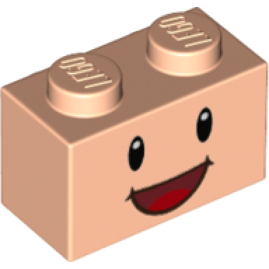 light nougat brick modified 1 x 2 with studs on 1 side with black eyes white pupils and dark red open mouth smile with red tongue pattern super mario toadette face