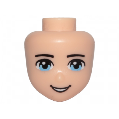 light nougat mini doll head friends with black thin eyebrows bright light blue eyes and open mouth smile with teeth pattern