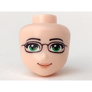 light nougat mini doll head friends with green eyes and glasses orange lips and closed mouth pattern