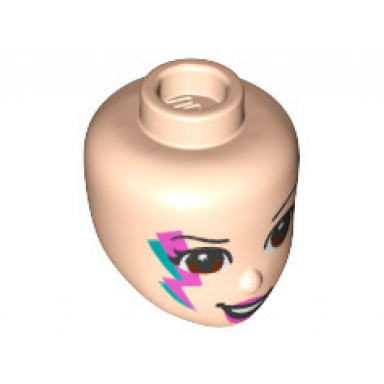 light nougat mini doll head friends with reddish brown eyes and dark pink lips lopsided smile and dark azure and dark pink lightning bolt face paint pattern